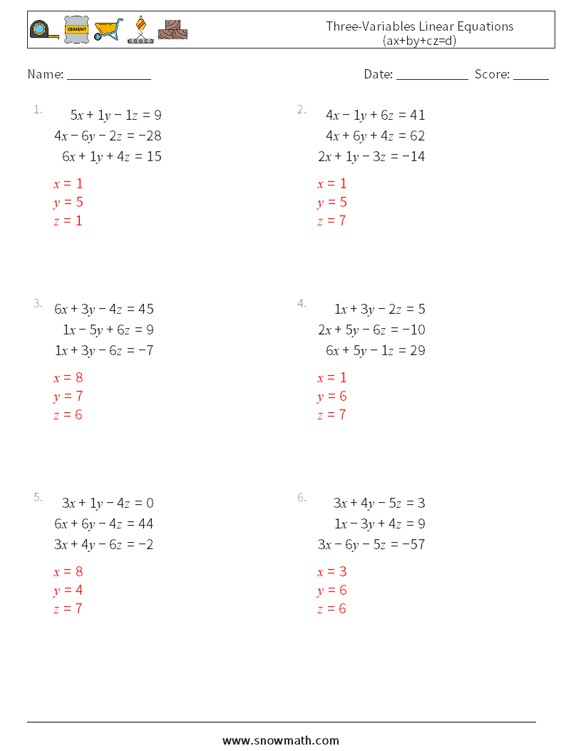 Three-Variables Linear Equations (ax+by+cz=d) Math Worksheets 10 Question, Answer