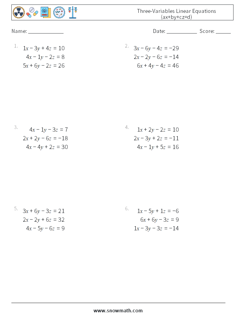 Three-Variables Linear Equations (ax+by+cz=d) Math Worksheets 11