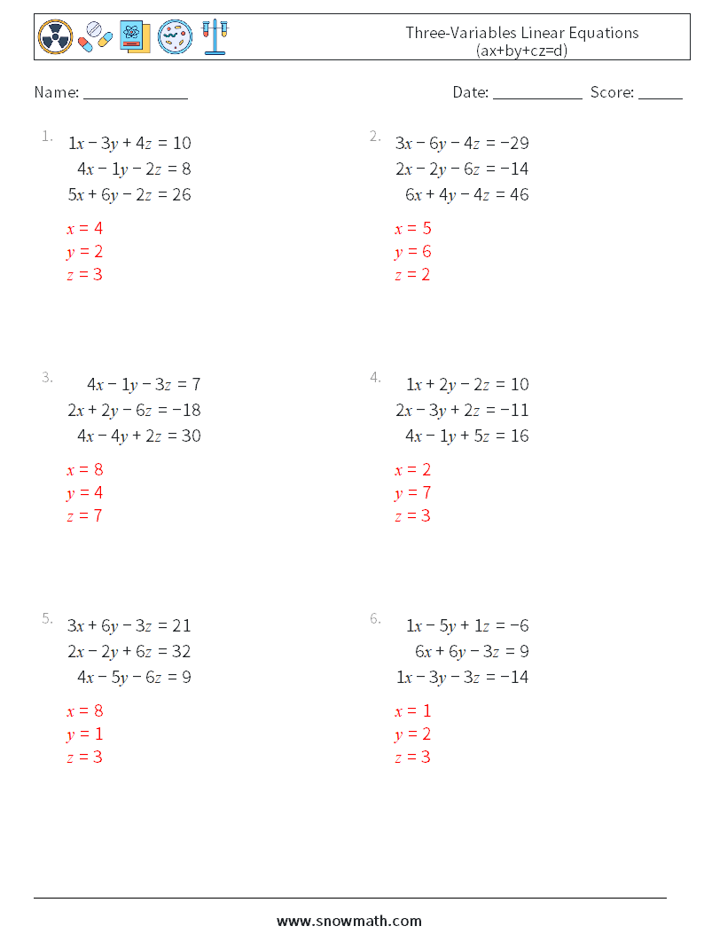 Three-Variables Linear Equations (ax+by+cz=d) Math Worksheets 11 Question, Answer