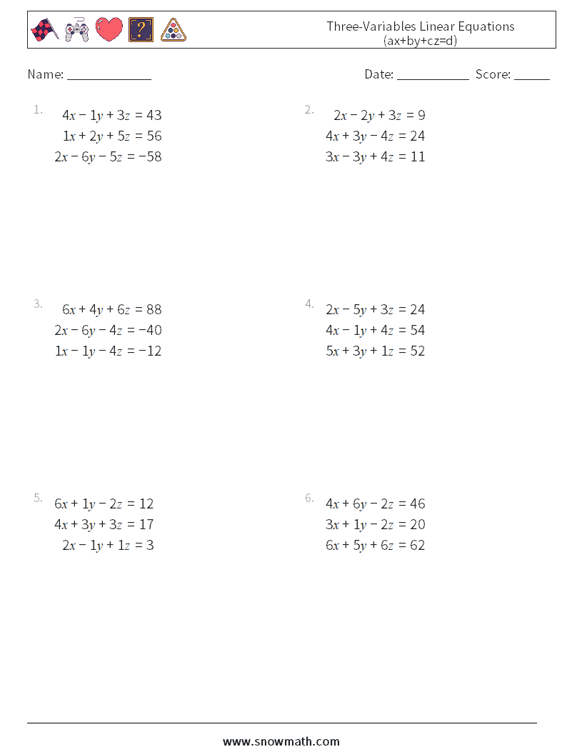 Three-Variables Linear Equations (ax+by+cz=d) Math Worksheets 12