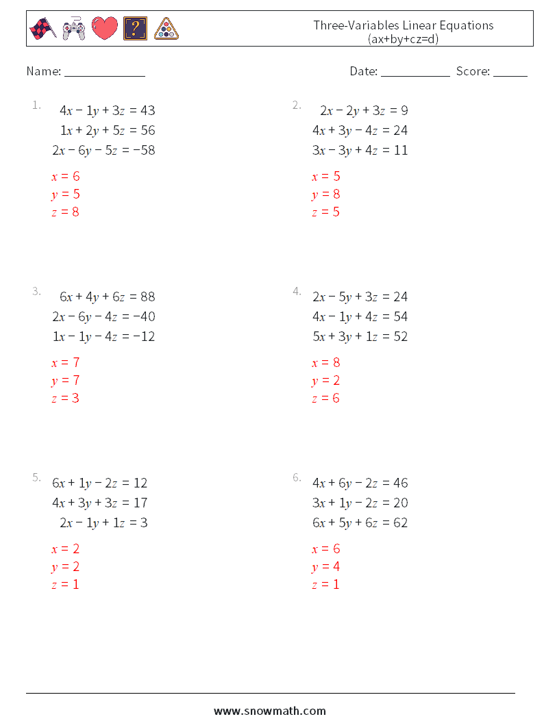 Three-Variables Linear Equations (ax+by+cz=d) Math Worksheets 12 Question, Answer