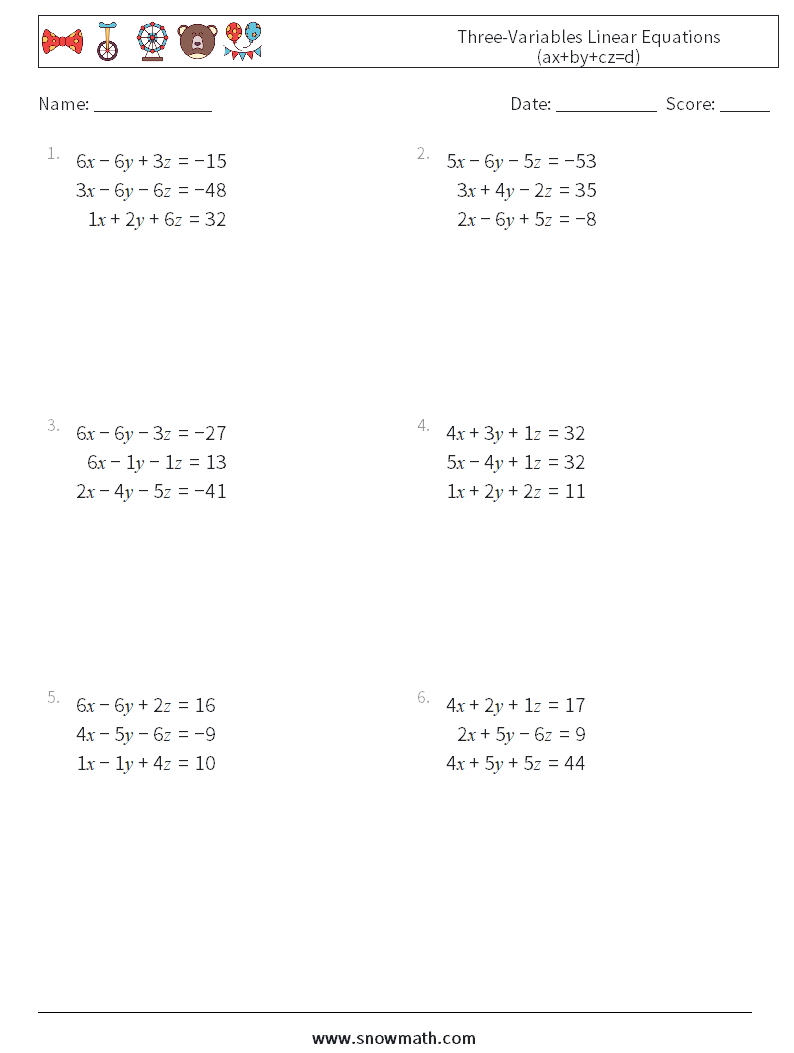 Three-Variables Linear Equations (ax+by+cz=d) Math Worksheets 13