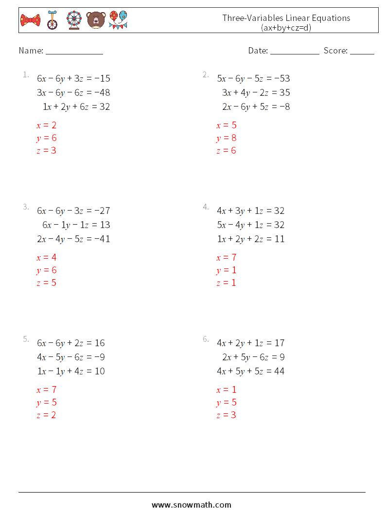 Three-Variables Linear Equations (ax+by+cz=d) Math Worksheets 13 Question, Answer