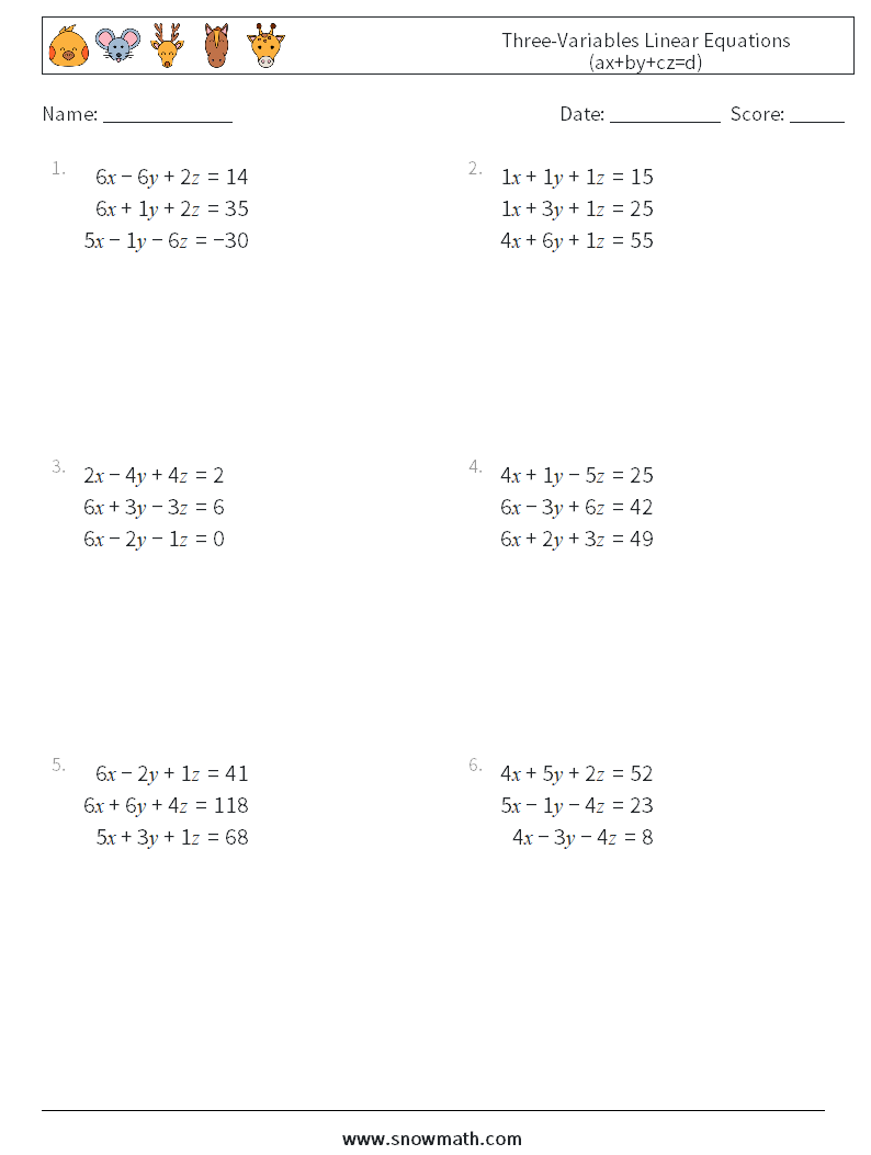 Three-Variables Linear Equations (ax+by+cz=d) Math Worksheets 14