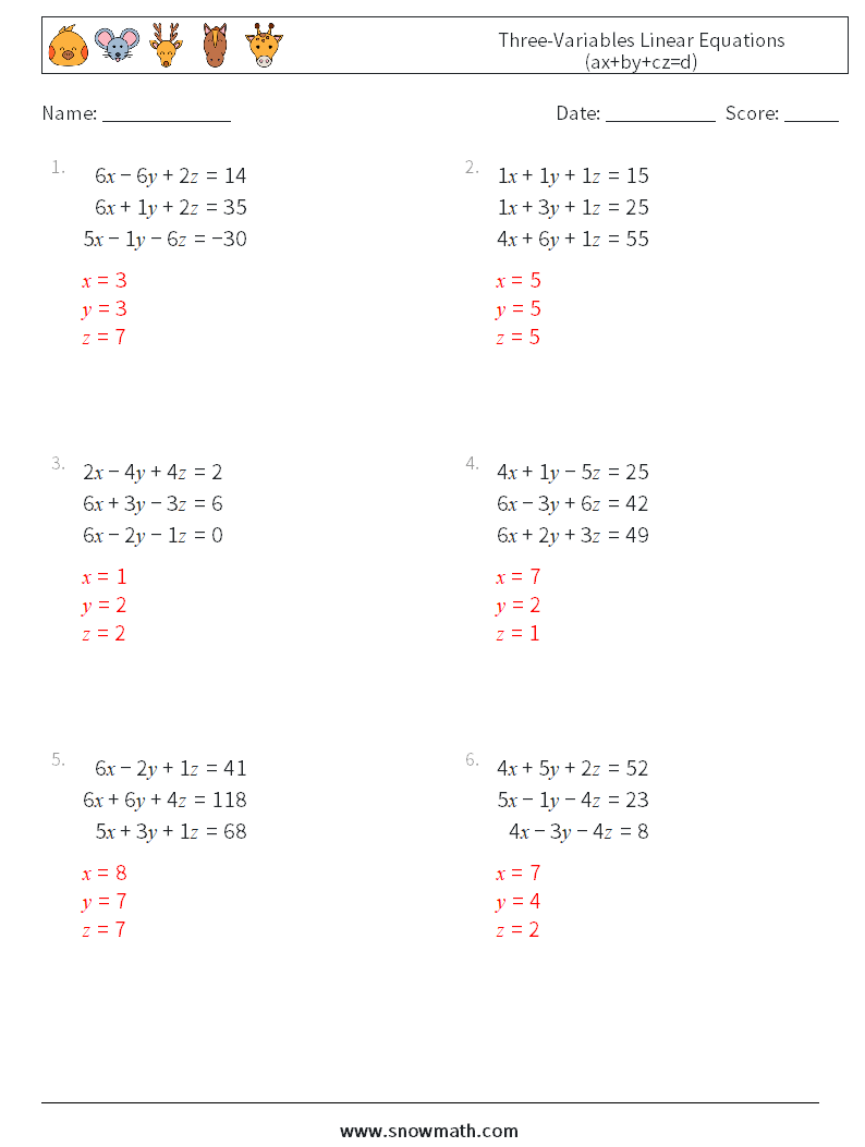 Three-Variables Linear Equations (ax+by+cz=d) Math Worksheets 14 Question, Answer