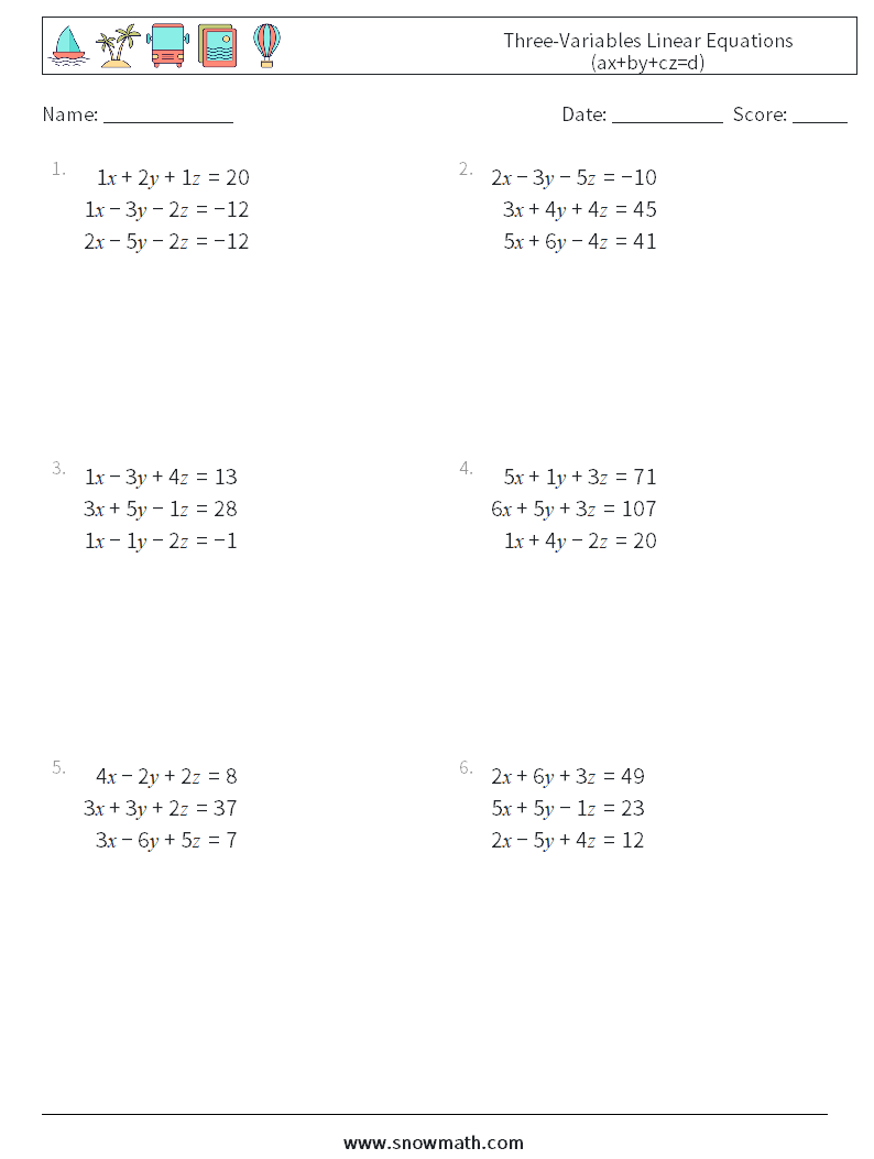 Three-Variables Linear Equations (ax+by+cz=d) Math Worksheets 15