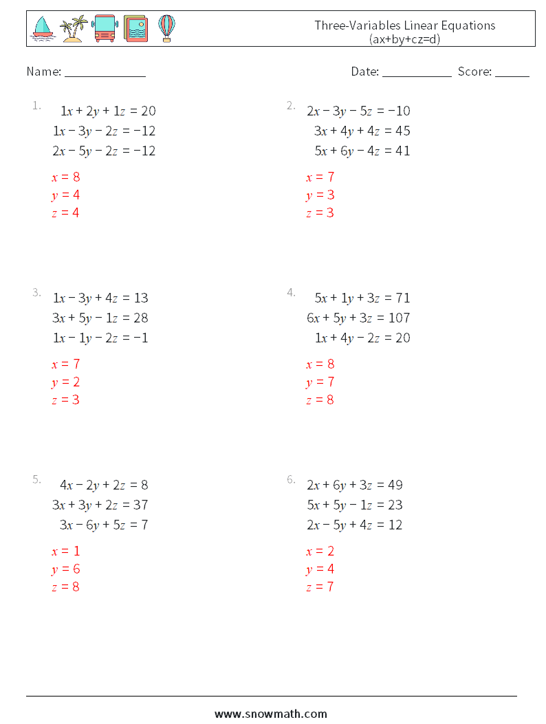 Three-Variables Linear Equations (ax+by+cz=d) Math Worksheets 15 Question, Answer