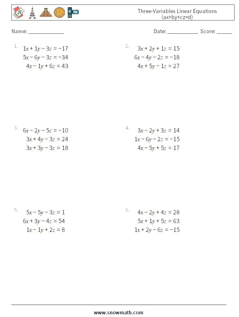 Three-Variables Linear Equations (ax+by+cz=d) Math Worksheets 16