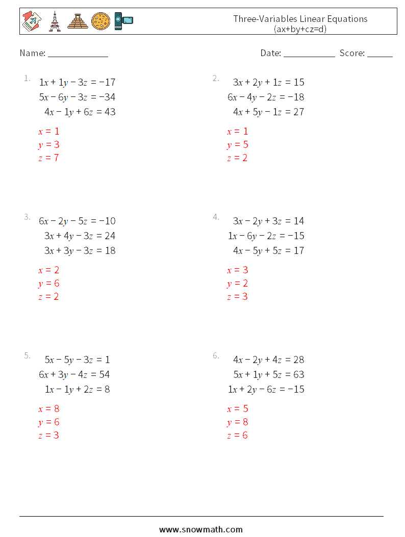 Three-Variables Linear Equations (ax+by+cz=d) Math Worksheets 16 Question, Answer