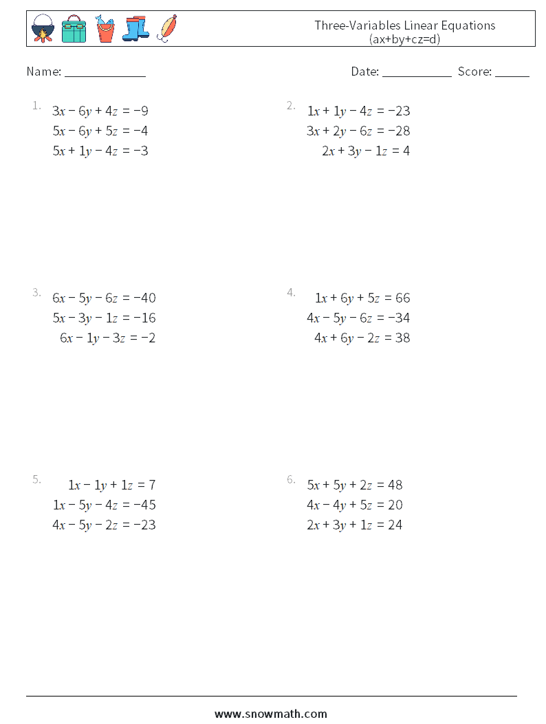 Three-Variables Linear Equations (ax+by+cz=d) Math Worksheets 17