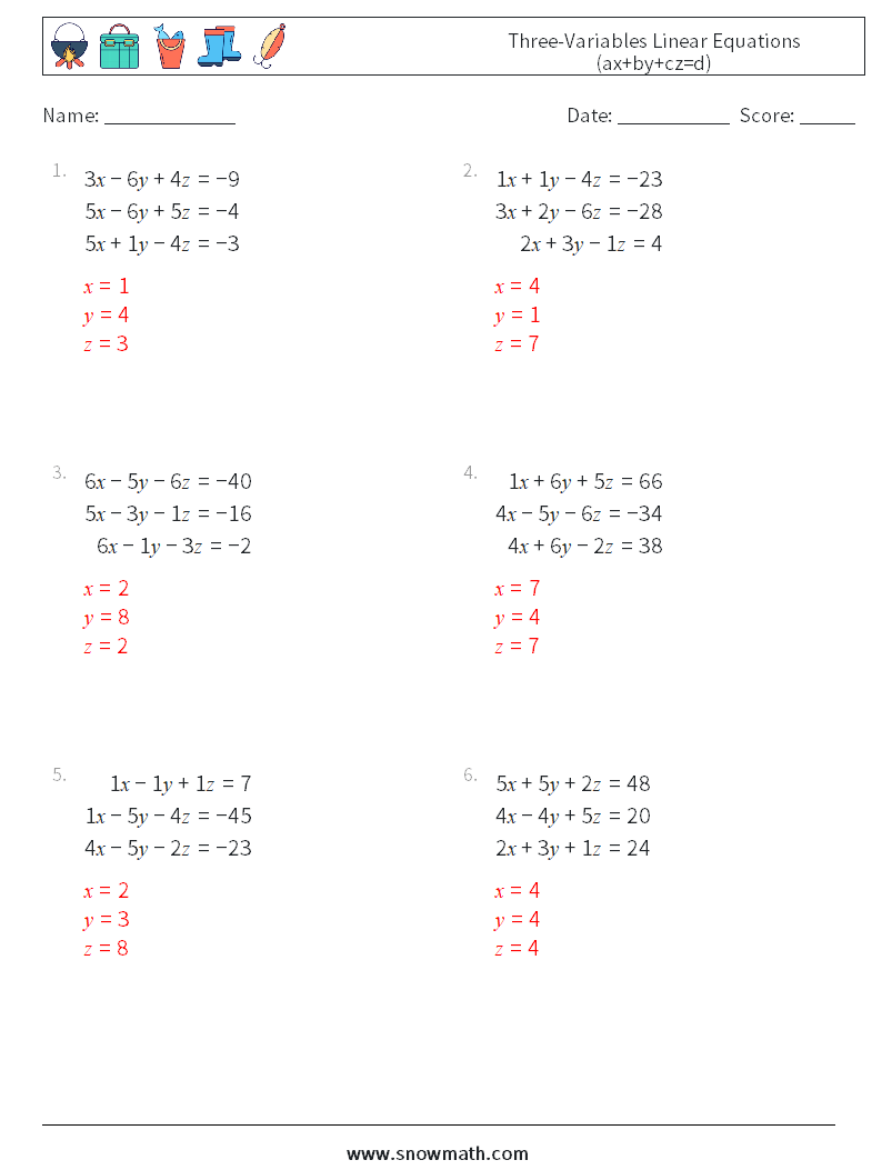 Three-Variables Linear Equations (ax+by+cz=d) Math Worksheets 17 Question, Answer