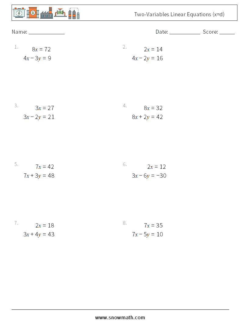 Two-Variables Linear Equations (x=d) Math Worksheets 1