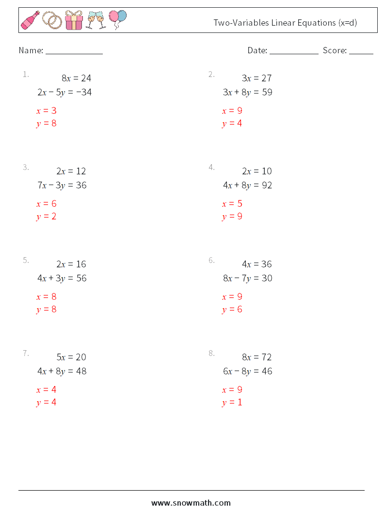 Two-Variables Linear Equations (x=d) Math Worksheets 16 Question, Answer