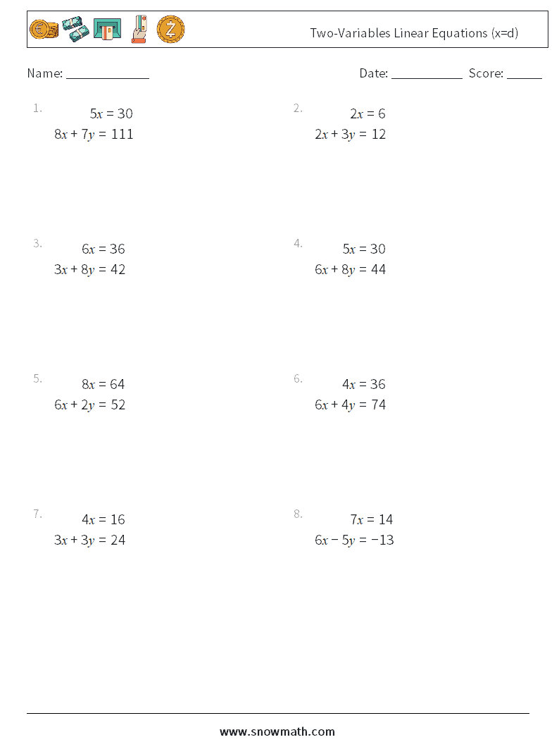 Two-Variables Linear Equations (x=d) Math Worksheets 17