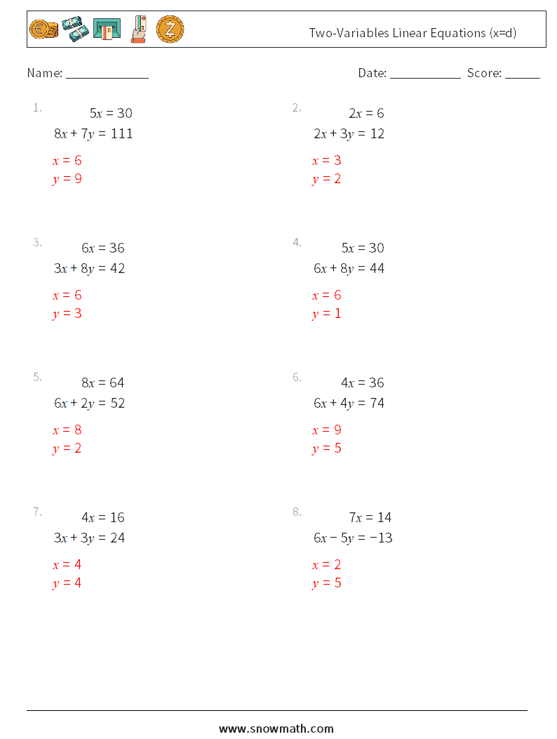 Two-Variables Linear Equations (x=d) Math Worksheets 17 Question, Answer