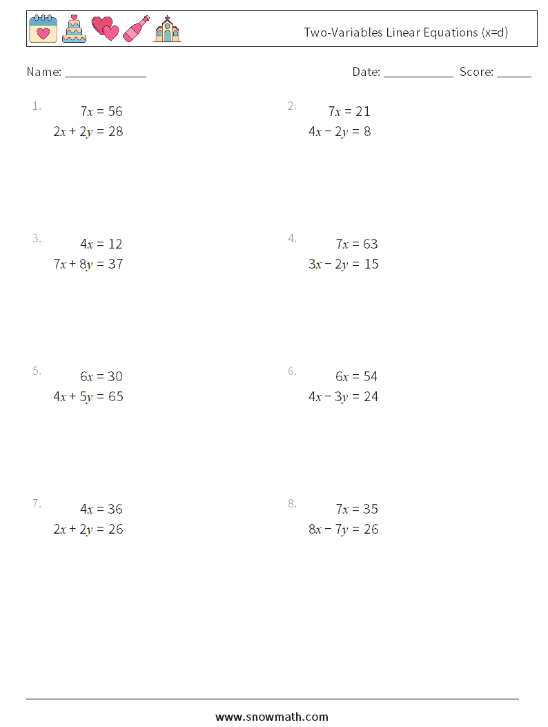 Two-Variables Linear Equations (x=d) Math Worksheets 2