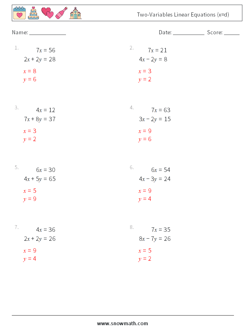 Two-Variables Linear Equations (x=d) Math Worksheets 2 Question, Answer