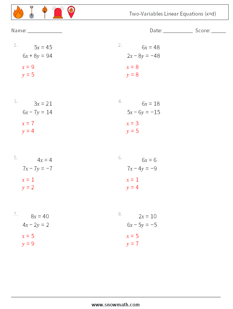 Two-Variables Linear Equations (x=d) Math Worksheets 3 Question, Answer