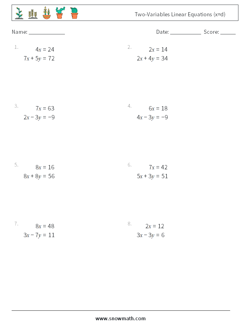 Two-Variables Linear Equations (x=d) Math Worksheets 5