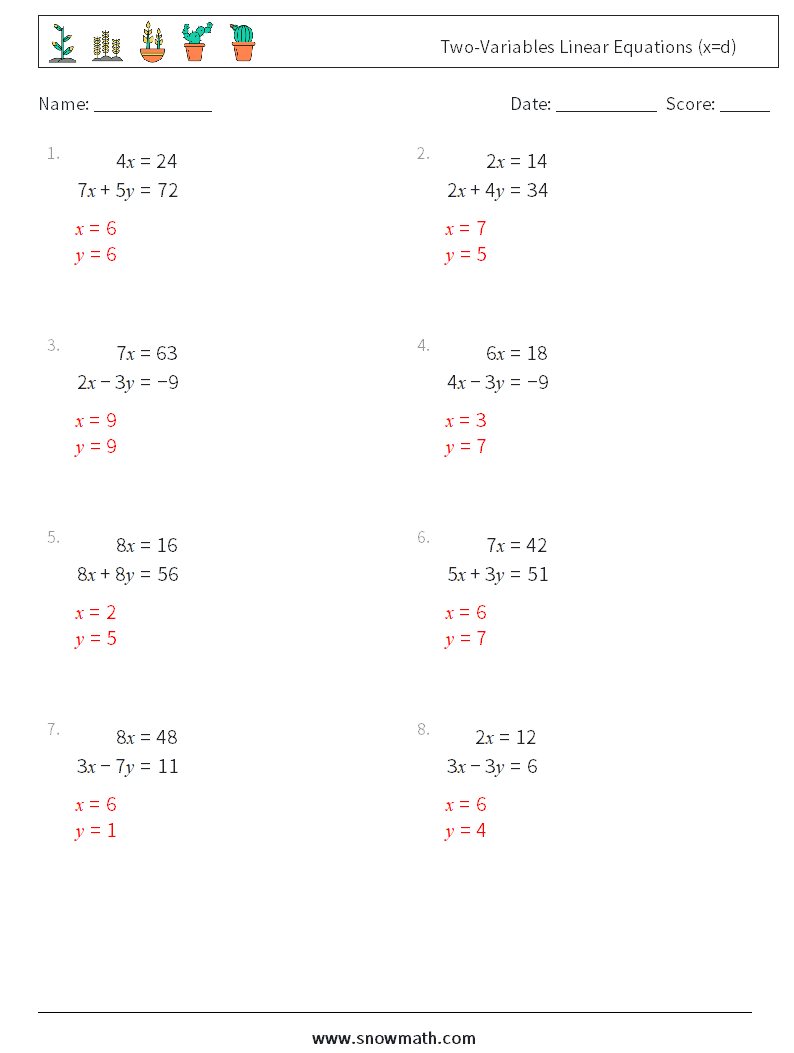 Two-Variables Linear Equations (x=d) Math Worksheets 5 Question, Answer