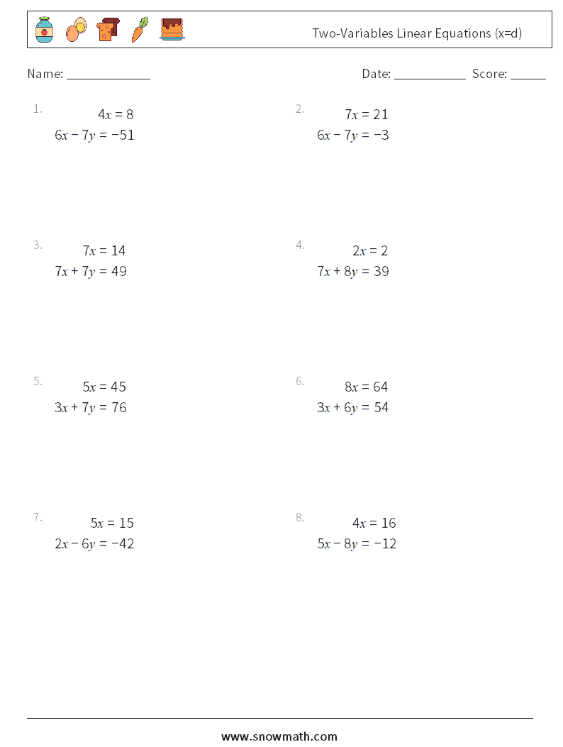 Two-Variables Linear Equations (x=d) Math Worksheets 6
