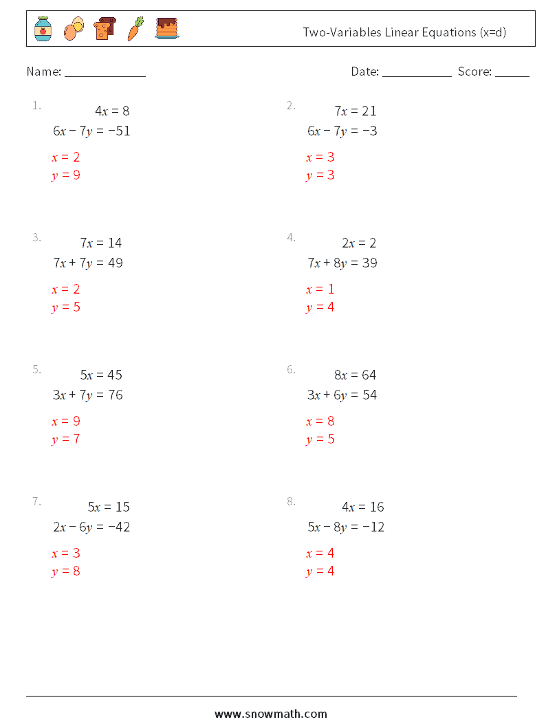 Two-Variables Linear Equations (x=d) Math Worksheets 6 Question, Answer