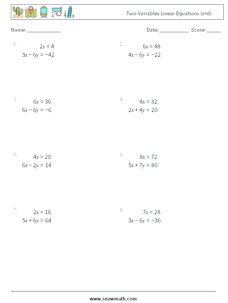 Two-Variables Linear Equations (x=d) Math Worksheets 7