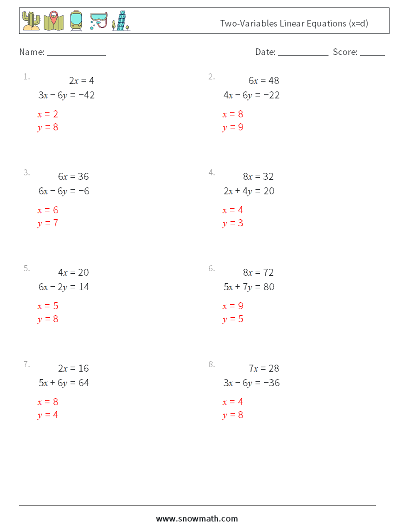 Two-Variables Linear Equations (x=d) Math Worksheets 7 Question, Answer