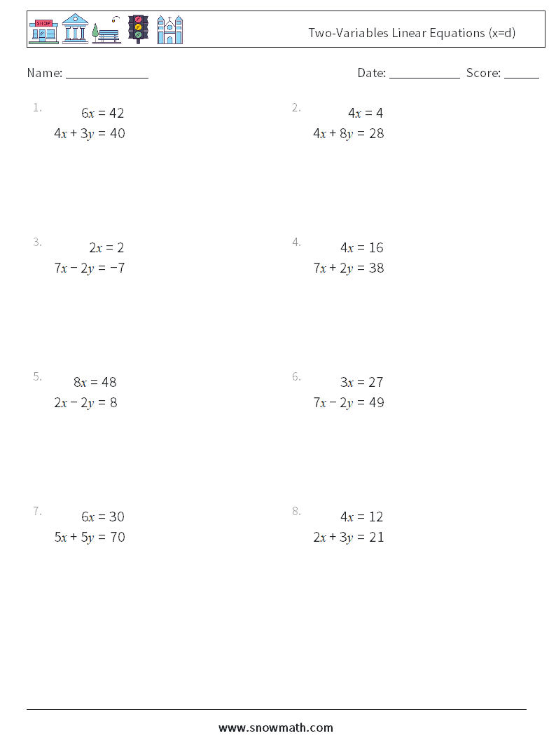 Two-Variables Linear Equations (x=d) Math Worksheets 8