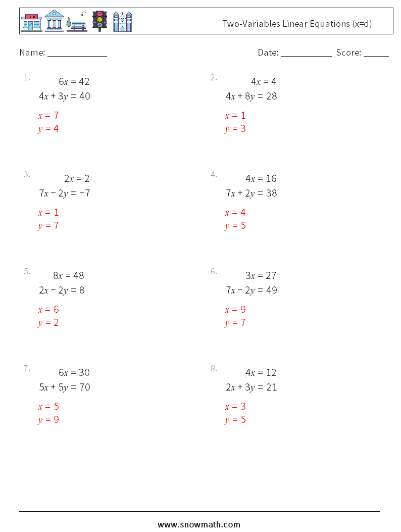 Two-Variables Linear Equations (x=d) Math Worksheets 8 Question, Answer