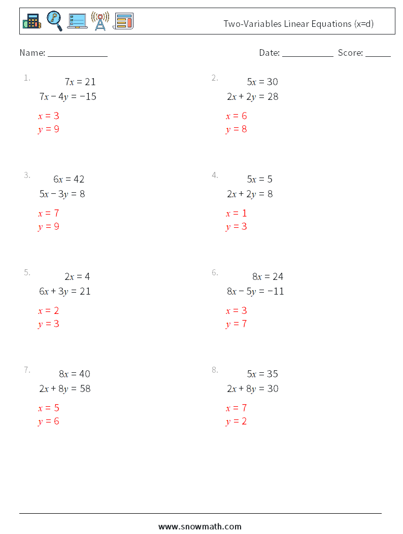 Two-Variables Linear Equations (x=d) Math Worksheets 9 Question, Answer