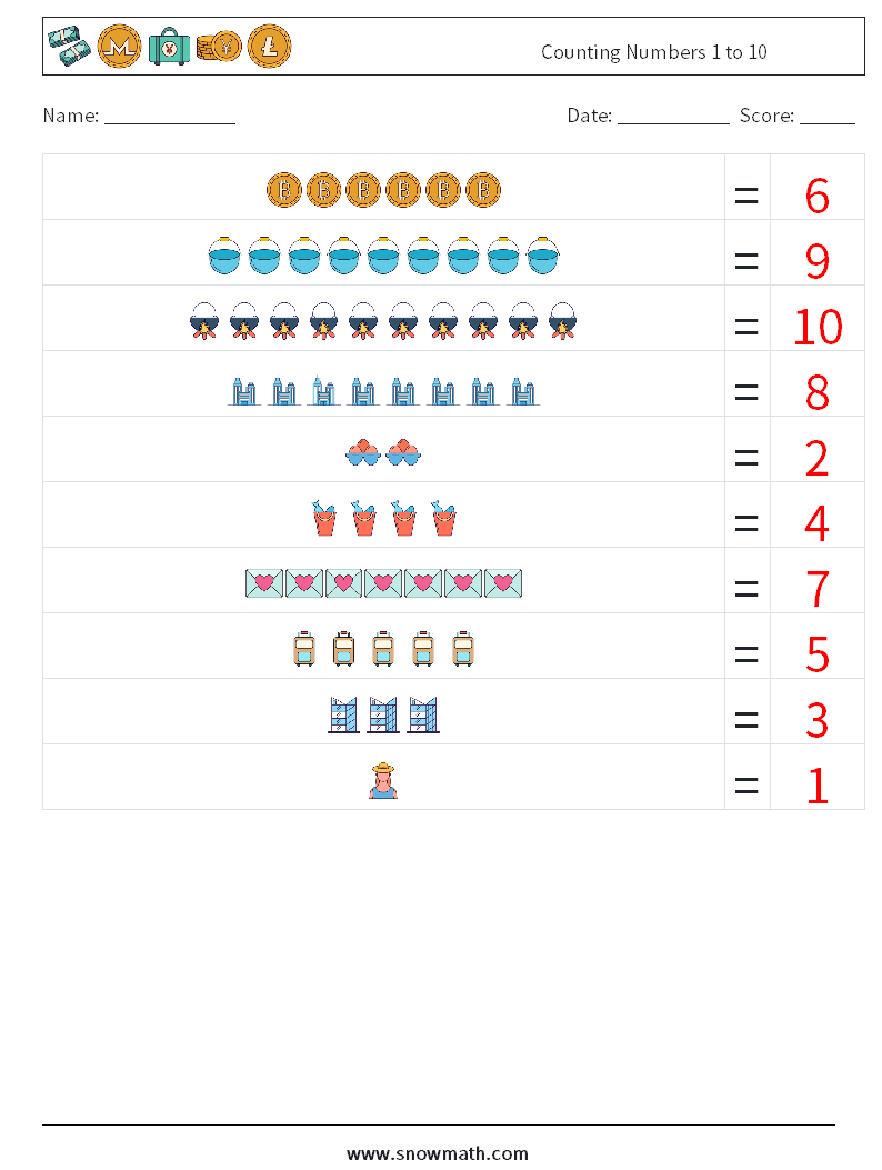 Counting Numbers 1 to 10 Math Worksheets 12 Question, Answer