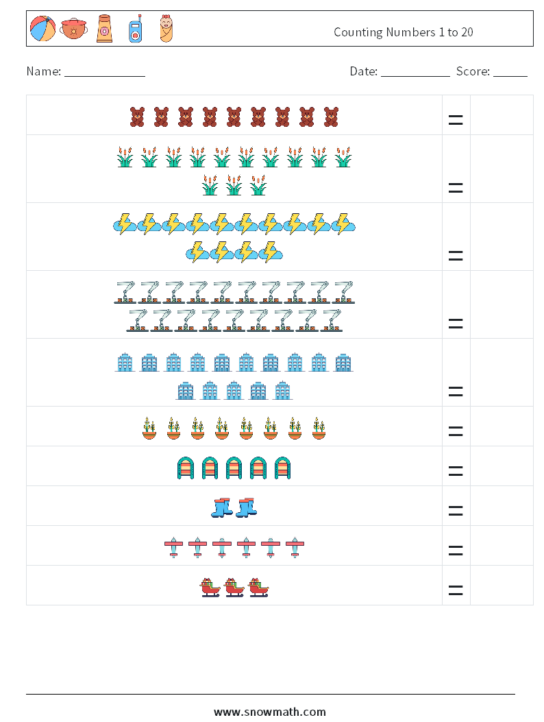 Counting Numbers 1 to 20 Math Worksheets 11