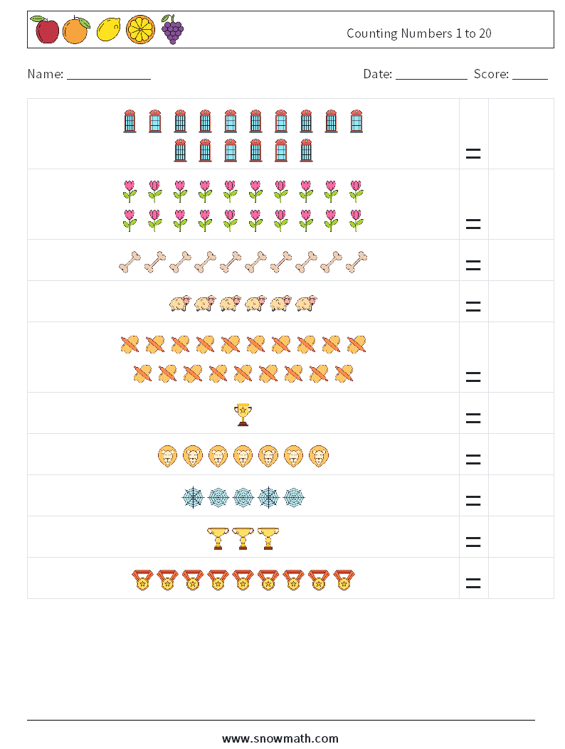 Counting Numbers 1 to 20 Math Worksheets 12