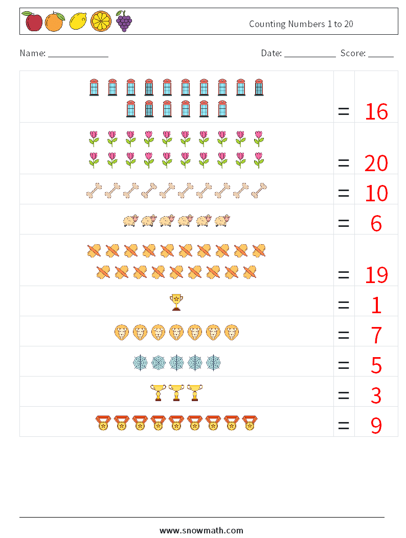 Counting Numbers 1 to 20 Math Worksheets 12 Question, Answer