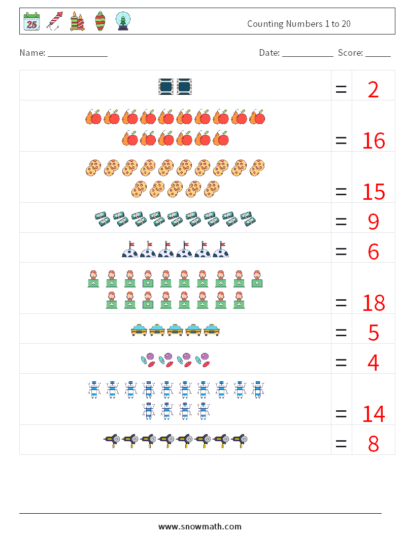 Counting Numbers 1 to 20 Math Worksheets 15 Question, Answer