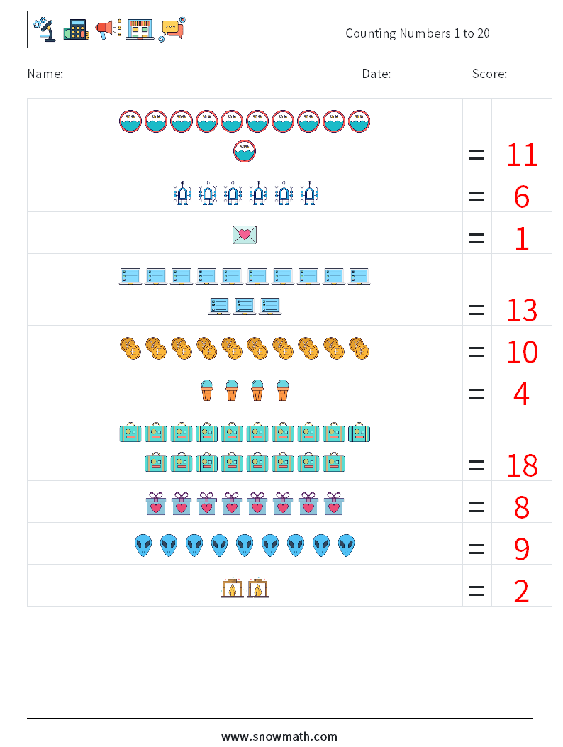 Counting Numbers 1 to 20 Math Worksheets 18 Question, Answer