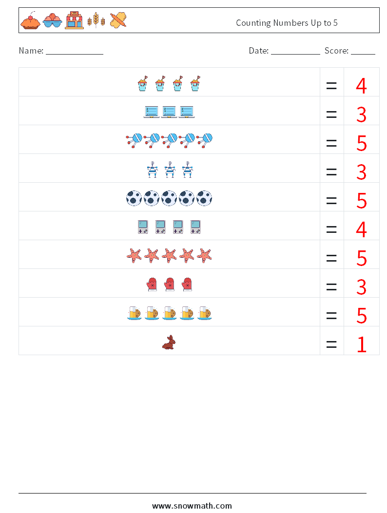Counting Numbers Up to 5 Math Worksheets 10 Question, Answer