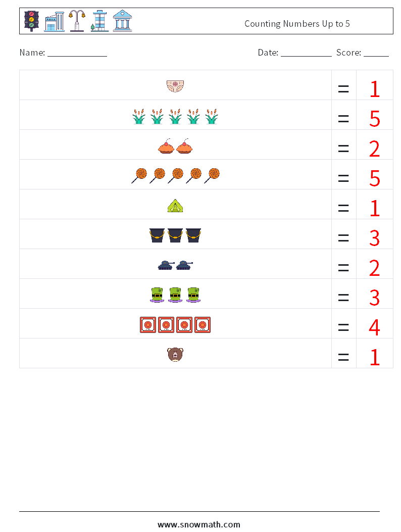 Counting Numbers Up to 5 Math Worksheets 11 Question, Answer