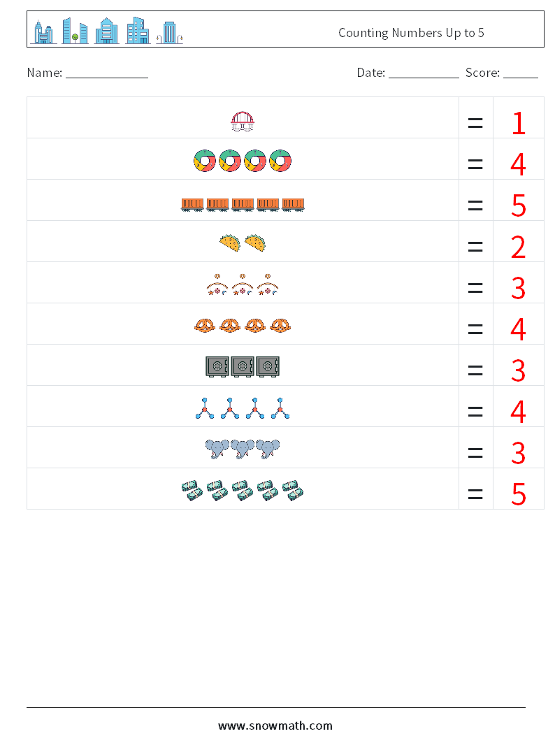 Counting Numbers Up to 5 Math Worksheets 14 Question, Answer