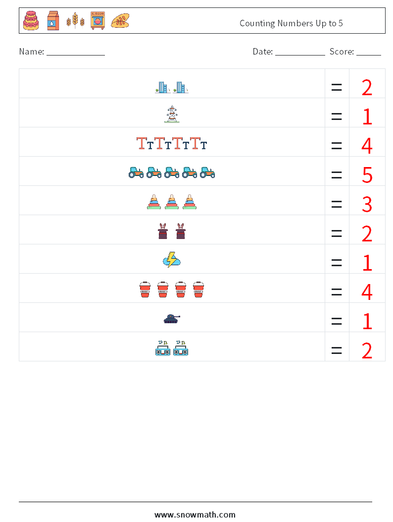 Counting Numbers Up to 5 Math Worksheets 17 Question, Answer