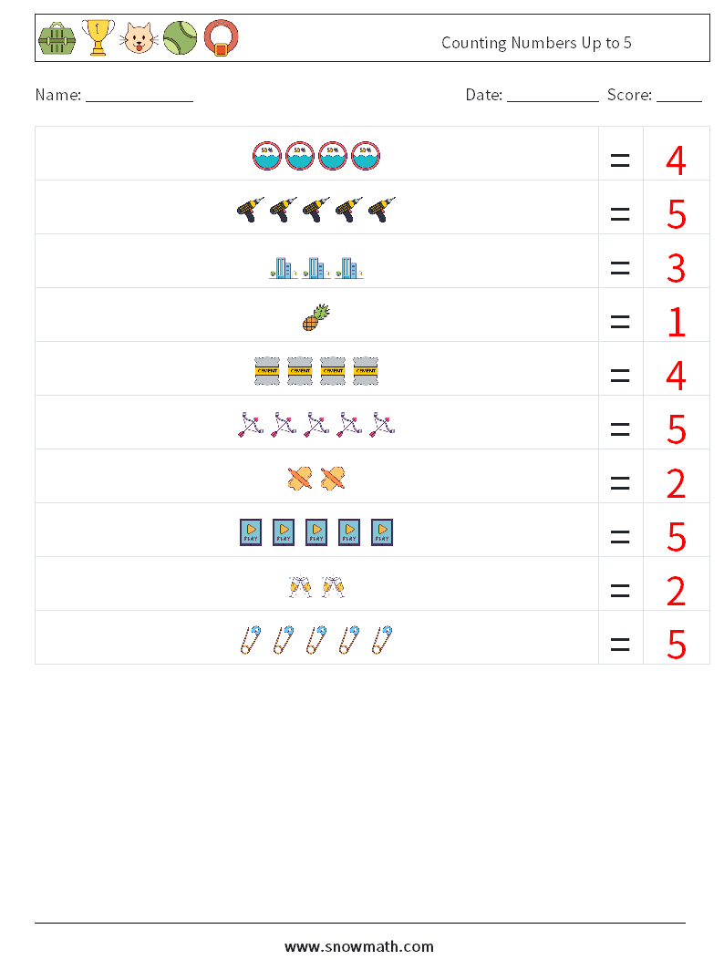 Counting Numbers Up to 5 Math Worksheets 18 Question, Answer