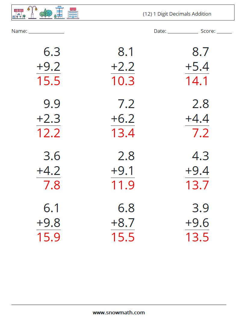 (12) 1 Digit Decimals Addition Math Worksheets 10 Question, Answer