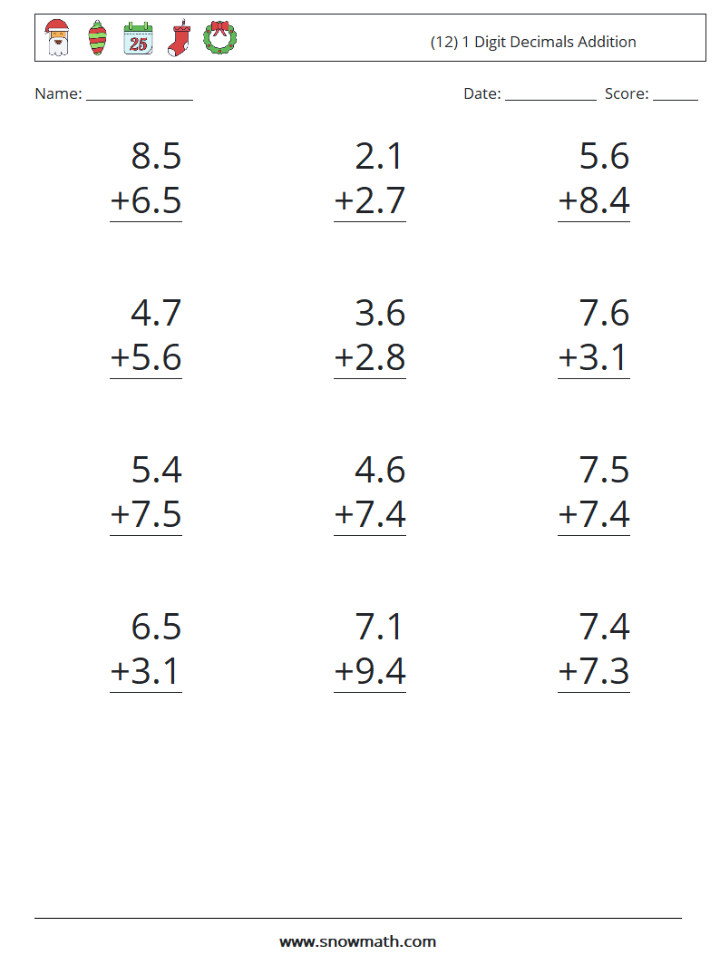 (12) 1 Digit Decimals Addition Math Worksheets 12