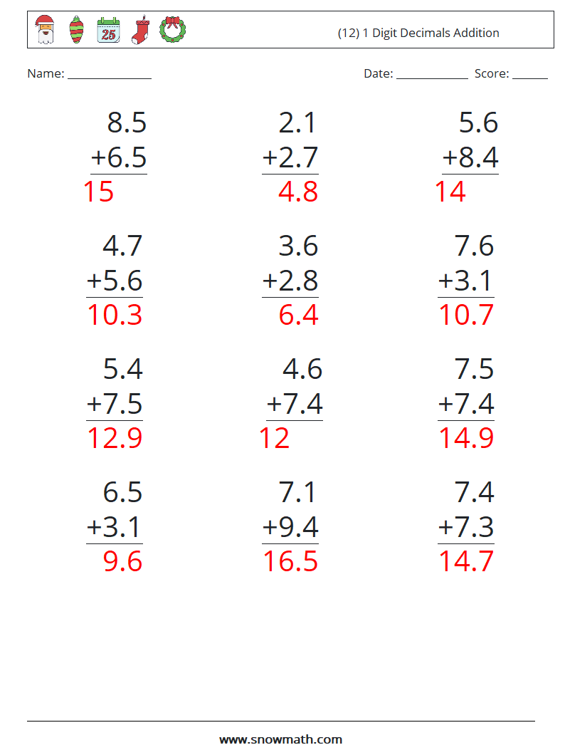 (12) 1 Digit Decimals Addition Math Worksheets 12 Question, Answer