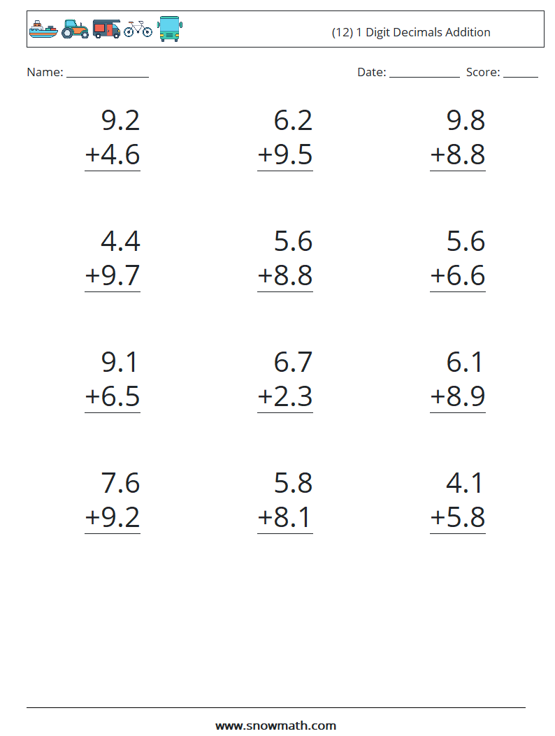 (12) 1 Digit Decimals Addition Math Worksheets 13