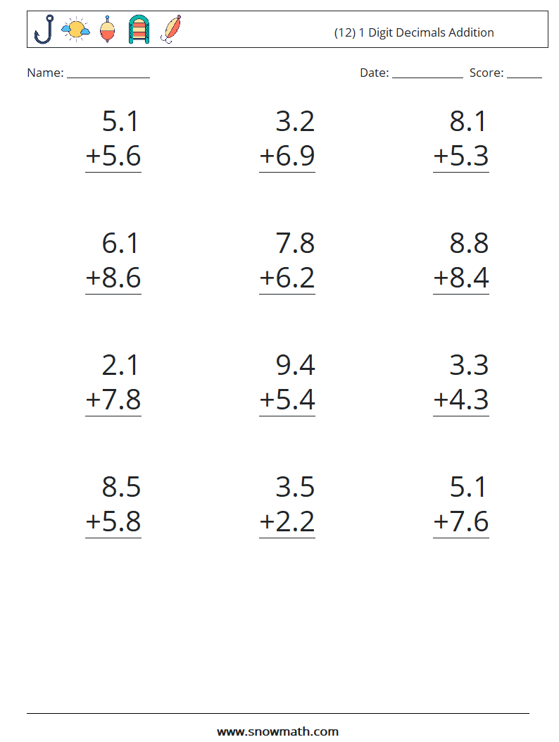 (12) 1 Digit Decimals Addition Math Worksheets 14