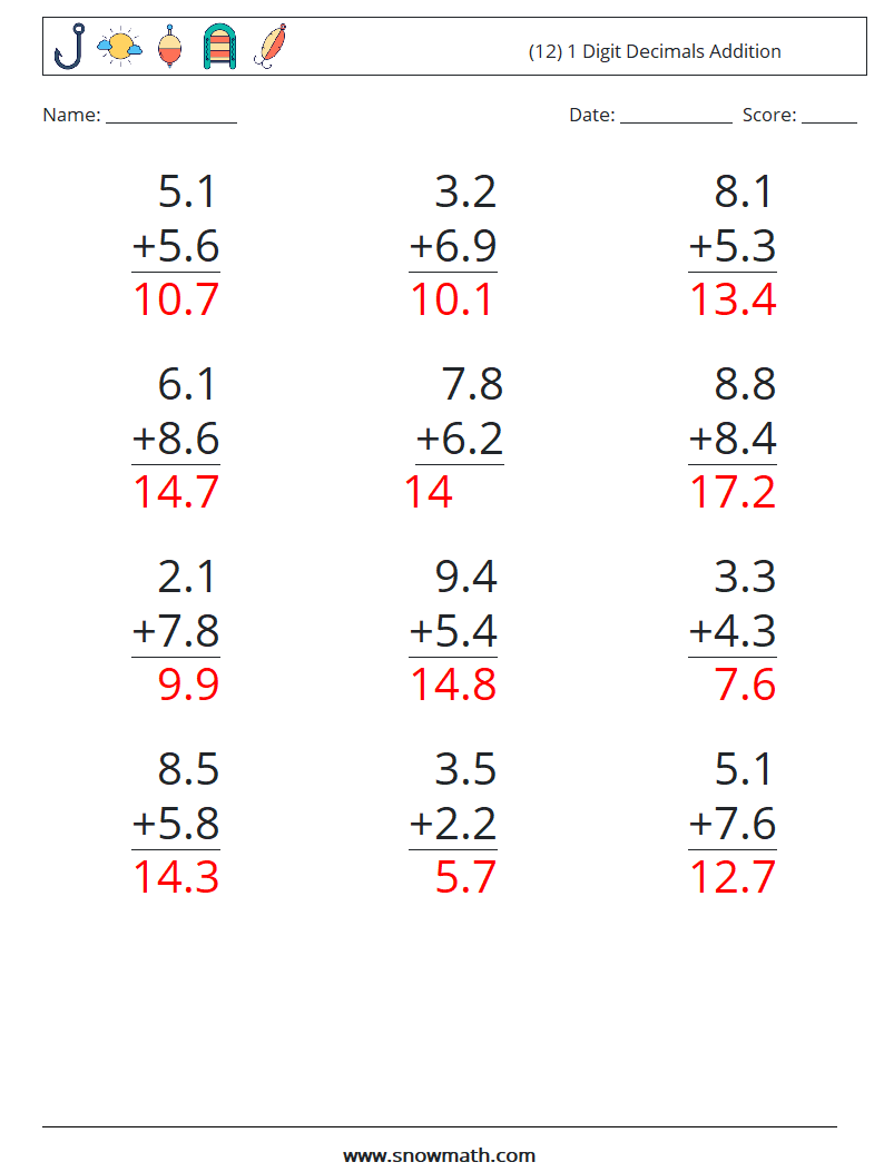 (12) 1 Digit Decimals Addition Math Worksheets 14 Question, Answer