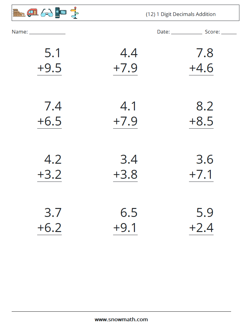 (12) 1 Digit Decimals Addition Math Worksheets 15