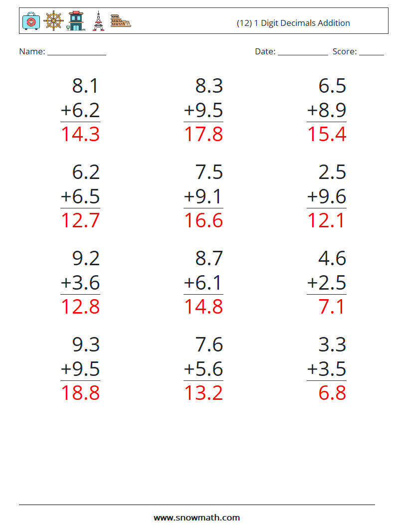 (12) 1 Digit Decimals Addition Math Worksheets 16 Question, Answer